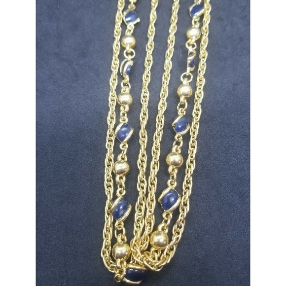 Vintage Triple Strand Necklace Gold Tone Chain Blue and Gold Stations 24" - Picture 5 of 7